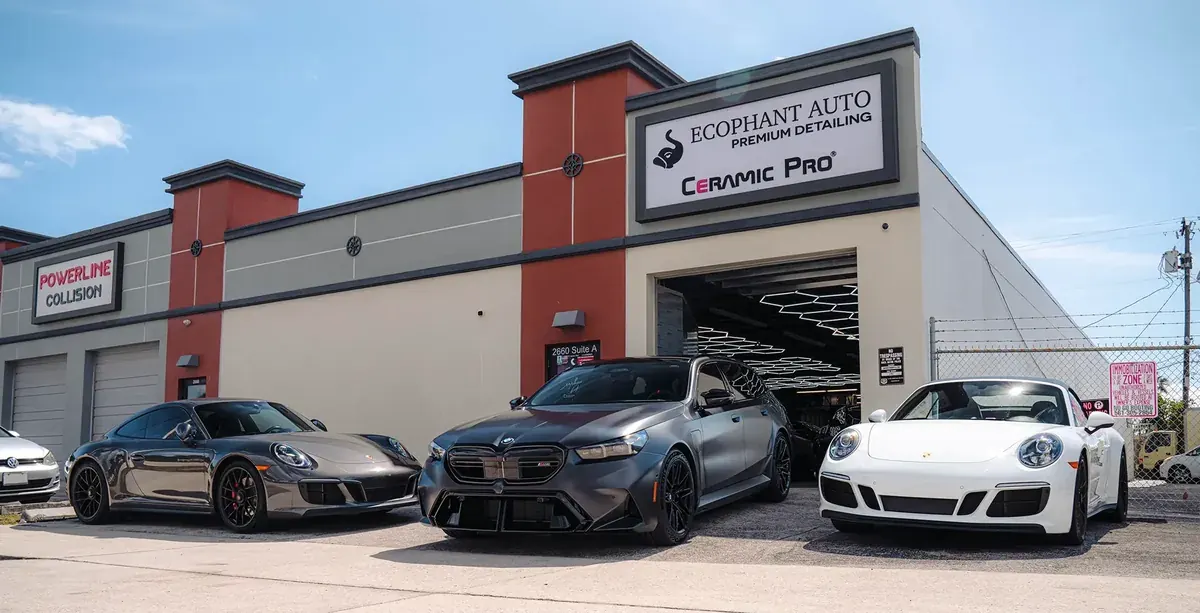 Ecophant Auto Premium Detailing studio with Ceramic Pro signage at 2660 NW 2nd Ave, Boca Raton