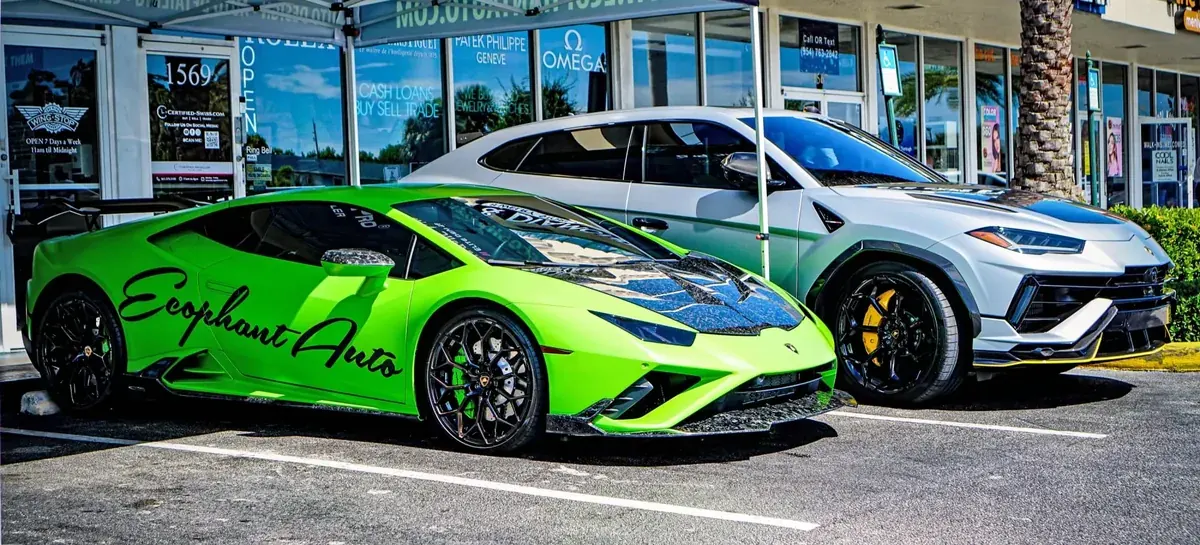 Green Lamborghini Huracan with Ecophant Auto livery in Boca Raton