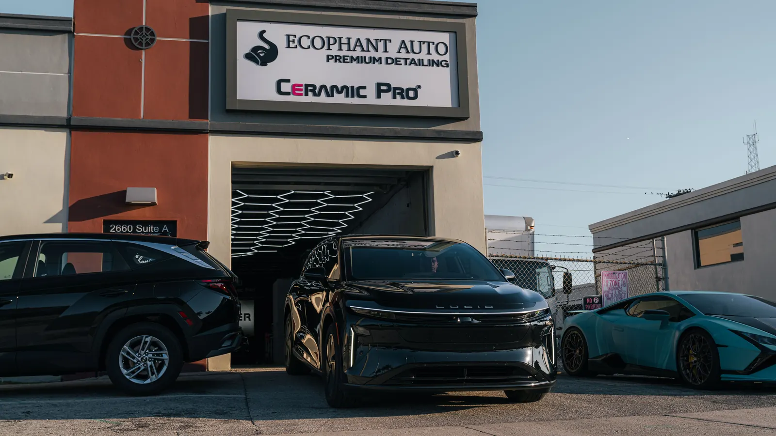 Lucid Gravity SUV at the Ecophant Auto shop in Boca Raton