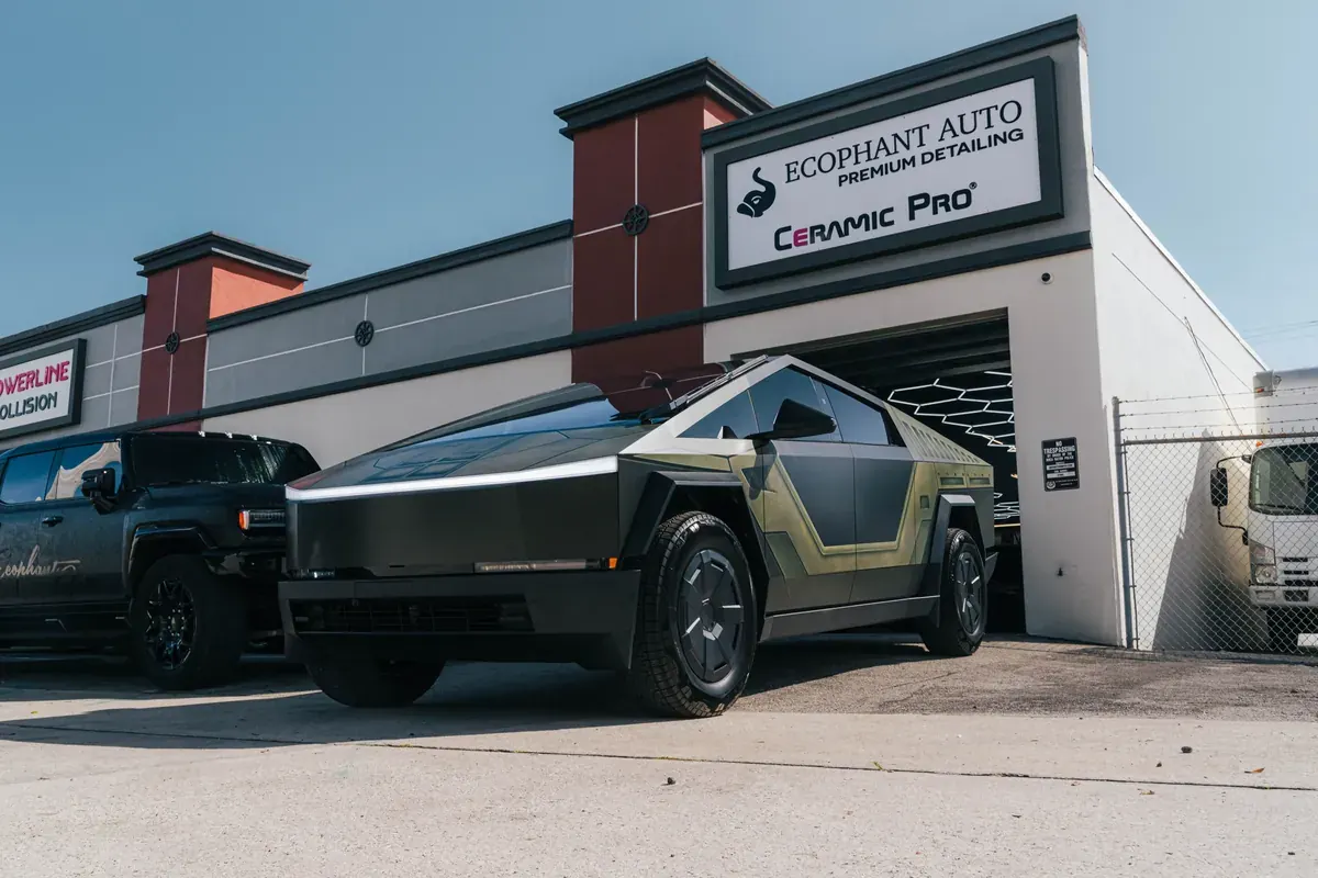 Cybertruck with a Halo Warthog vinyl wrap outside Ecophant Auto in Boca Raton