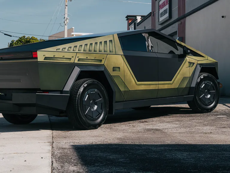 Cybertruck with a Halo Warthog vinyl wrap outside Ecophant Auto